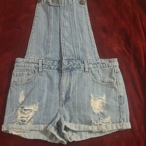 Forever 21 Distressed Blue Denim Overalls